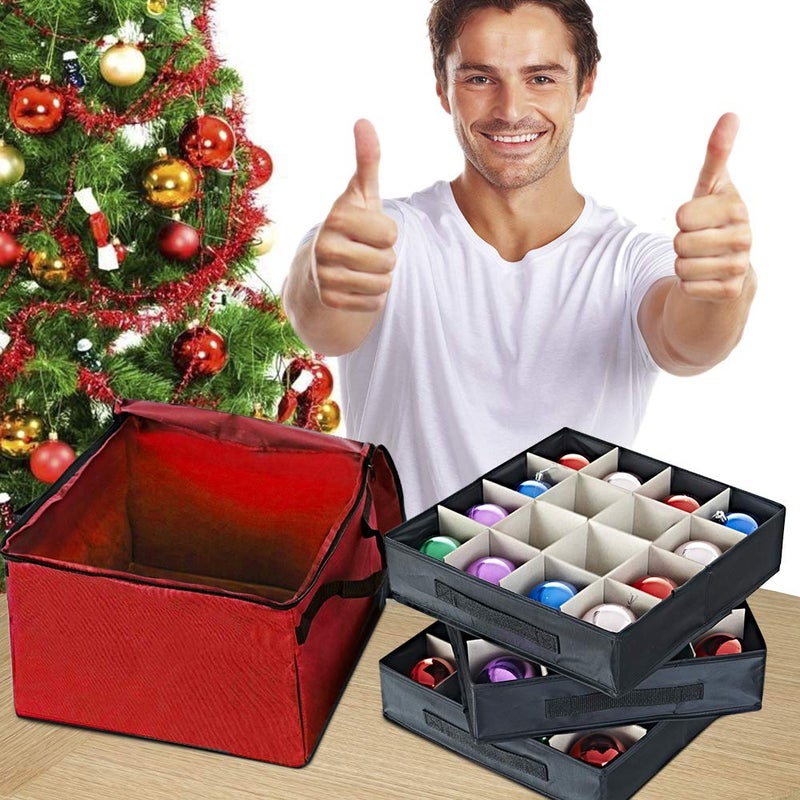 ProPik Christmas Ornament Storage Box, Organizer Holds Up to 48 Xmas Balls with 3 Separate Removable Trays, Container has Dividers to Organize Holiday Tree Ornaments (Red) - Image 3